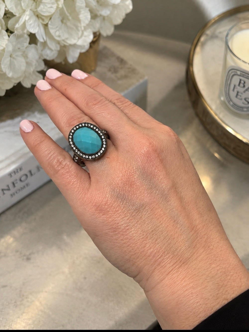 Freida Rothman turquoise blue pav’e cocktail statement ring gold and black
